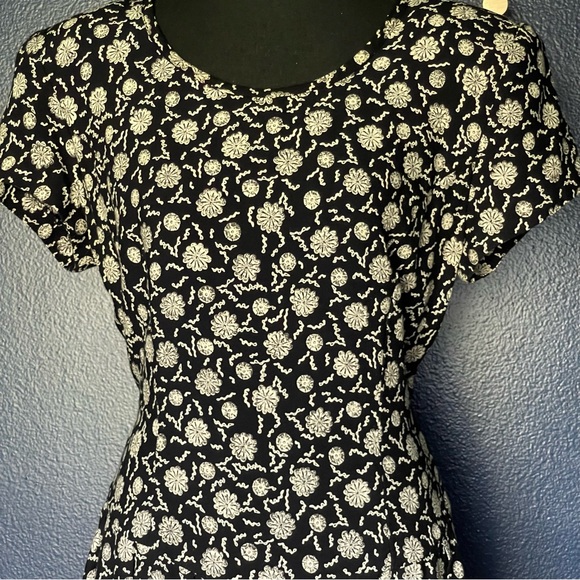 Vintage 90s Drop Waist Black Print Cottage Dress - Size 12 - Picture 2 of 9